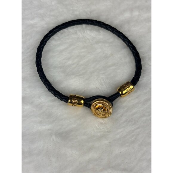 Woman's Versace Black Leather Gold Bracelet - Picture 1 of 3